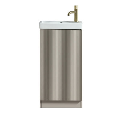 FNX Bathrooms Fluted Mini Cloakroom Vanity Unit With Basin Floor Standing Soft Close Door Integrated Storage - Soft Coffee - image 1