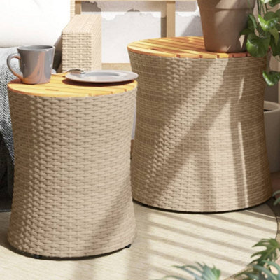 Berkfield Garden Side Tables 2 Pcs With Wooden Top Beige Poly Rattan - image 1