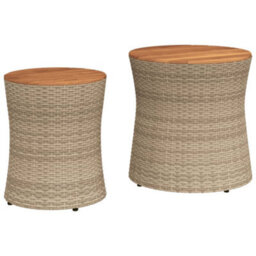 Berkfield Garden Side Tables 2 Pcs With Wooden Top Beige Poly Rattan - thumbnail 2
