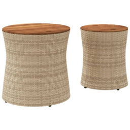 Berkfield Garden Side Tables 2 Pcs With Wooden Top Beige Poly Rattan - thumbnail 6