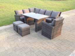 Fimous 9 Seater High Back Rattan Garden Furniture Set Corner Sofa With Black Tempered Dining Table 2 Stools With Arm Chair - thumbnail 2