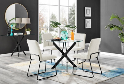 Furniturebox Novara Clear Tempered Glass 100Cm Round Dining Table With Black Starburst Legs & 4 Cream Halle Soft Fabric Chairs - image 1