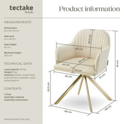 Tectake 1 Lounge Armchair Living Room Accent Chair 360 Swivel Slim Steel Legs Velvet Fabric   - Cream/gold - thumbnail 6