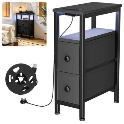 Bedside Table Narrow Side Table With Led Charging Station Storage Black - image 1