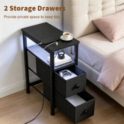 Bedside Table Narrow Side Table With Led Charging Station Storage Black - thumbnail 4
