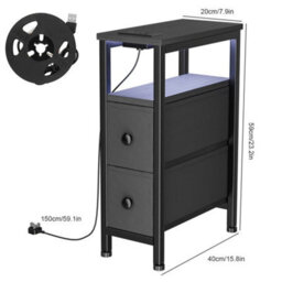 Bedside Table Narrow Side Table With Led Charging Station Storage Black - thumbnail 2