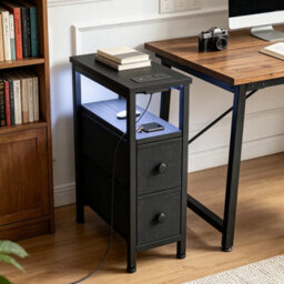Bedside Table Narrow Side Table With Led Charging Station Storage Black - thumbnail 5
