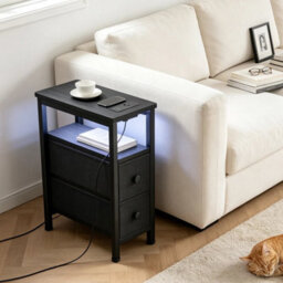 Bedside Table Narrow Side Table With Led Charging Station Storage Black - thumbnail 6