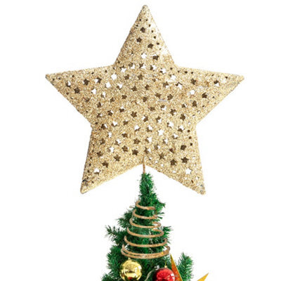 Living And Home Golden Glittered Metal Christmas Tree Topper Xmas Star Ornament Home Decor 12Cm W X 16Cm H - image 1