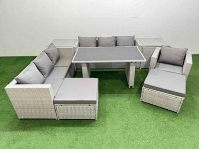 Fimous Patio Garden Furniture Sets With Black Glass Top Dining Table 3 Seater Sofa Armchair 2 Side Tables 2 Big Stool Light Grey - image 1