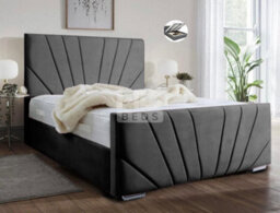 Stratus Interiors Windsor Diagonal Lined Art Deco Velvet Bed Frame With Optional Gas Lift Storage - Mink Plush - Slatted Base - thumbnail 1