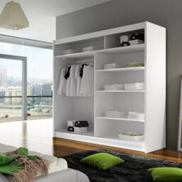 Bega Iv 180 Wardrobe 180 Cm Sliding Doors With Mirror Hanging Rail  Shelves Modern Bedroom Storage White - thumbnail 2