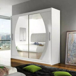 Bega Iv 180 Wardrobe 180 Cm Sliding Doors With Mirror Hanging Rail  Shelves Modern Bedroom Storage White - thumbnail 1