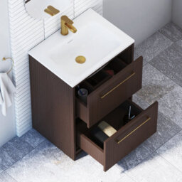 Royal Bathrooms Livora 600mm Walnut Woodgrain Floor Standing Vanity Unit 2 Drawer With Stone Basin & Brushed Brass Handle - thumbnail 4