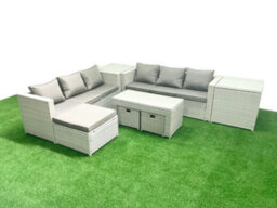 Fimous 9 Seater Garden Outdoor Rattan Furniture Set Rattan Garden Sofa Oblong Coffee Table 3 Stools 2 Side Tables Light Grey - thumbnail 2