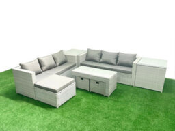 Fimous 9 Seater Garden Outdoor Rattan Furniture Set Rattan Garden Sofa Oblong Coffee Table 3 Stools 2 Side Tables Light Grey - thumbnail 1