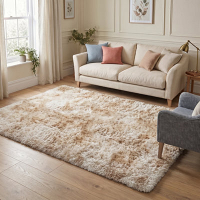 Oxford Homeware Shaggy Rug Anti-Slip Washable Soft Fluffy Living Room And Bedroom Rug (Mottled Cream, 120X170Cm) - image 1