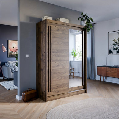 Arte Effect 2 Sliding Mirrored Door Wardrobe In Columbian Walnut - W1500mm H2160mm D590mm, Compact And Contemporary - image 1