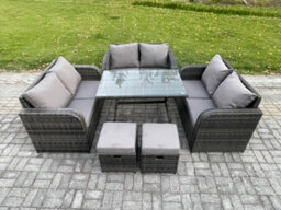 Fimous Outdoor Rattan Garden Furniture Set 8 Seater Patio Love Sofa Set With Rectangular Dining Table 2 Small Footstool - thumbnail 1