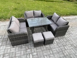 Fimous Outdoor Rattan Garden Furniture Set 8 Seater Patio Love Sofa Set With Rectangular Dining Table 2 Small Footstool - thumbnail 2
