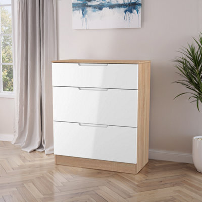 Messina Ready Assembled Gloss & Matt White & Oak 3 Drawer Deep Chest (H)875mm (W)740mm (D)390mm - image 1
