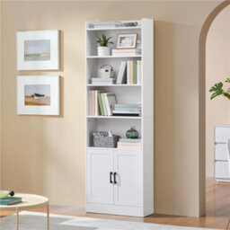 Yaheetech 7-Tier Modern Freestanding Tall Bookcase With 2-Door Cabinet And Top Storage Shelf, White