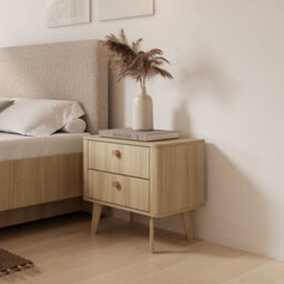 Arte Viki Bedside Table 63Cm - Oak Barista Nightstand With Two Smooth Ball-Bearing Drawers And Wooden Handle - thumbnail 5