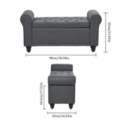 Grey Linen Fabric Upholstered Bench Bed End Window Seat Ottoman Storage Stool - thumbnail 2