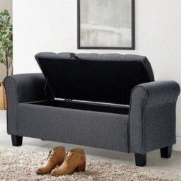 Grey Linen Fabric Upholstered Bench Bed End Window Seat Ottoman Storage Stool - thumbnail 3