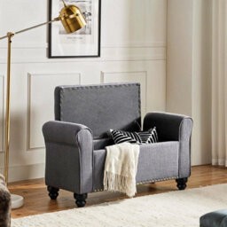 Grey Linen Fabric Upholstered Bench Bed End Window Seat Ottoman Storage Stool - thumbnail 1