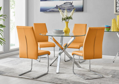 Furniturebox Uk Selina Chrome Round Square Leg Glass Dining Table And 4 Mustard Lorenzo Chairs Set - image 1