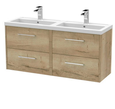 Hudson Reed Juno Wall Hung 4 Soft Close Door Vanity Unit With Double Basin In Autumn Oak Finish, 1200mm - image 1