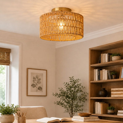 Emitto Lamp Shade Boho Woven Light Shade Iron Paper Rope Living Room Yellow - image 1