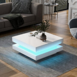Abrihome Square High Gloss Coffee Table With Rotating Top, Tea Table With 16-Color Led Light, 70X70X36 Cm,white - thumbnail 9