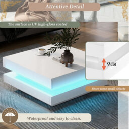 Abrihome Square High Gloss Coffee Table With Rotating Top, Tea Table With 16-Color Led Light, 70X70X36 Cm,white - thumbnail 7