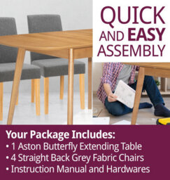 Hallowood Furniture Aston Butterfly Extending Table With 4 Straight Back Grey Fabric Chairs - thumbnail 7