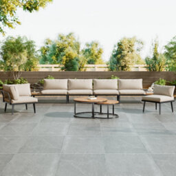 Matteo Modular Outdoor Sofa Set With Galvanized Iron Frame, Acacia Wood Nesting Tables & Beige Cushions - thumbnail 4