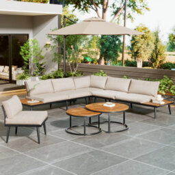 Matteo Modular Outdoor Sofa Set With Galvanized Iron Frame, Acacia Wood Nesting Tables & Beige Cushions - thumbnail 2