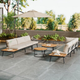 Matteo Modular Outdoor Sofa Set With Galvanized Iron Frame, Acacia Wood Nesting Tables & Beige Cushions - thumbnail 3