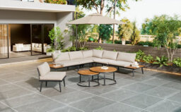 Matteo Modular Outdoor Sofa Set With Galvanized Iron Frame, Acacia Wood Nesting Tables & Beige Cushions - thumbnail 8