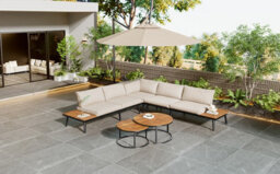 Matteo Modular Outdoor Sofa Set With Galvanized Iron Frame, Acacia Wood Nesting Tables & Beige Cushions - thumbnail 9