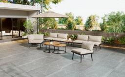 Matteo Modular Outdoor Sofa Set With Galvanized Iron Frame, Acacia Wood Nesting Tables & Beige Cushions - thumbnail 6