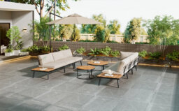Matteo Modular Outdoor Sofa Set With Galvanized Iron Frame, Acacia Wood Nesting Tables & Beige Cushions - thumbnail 7