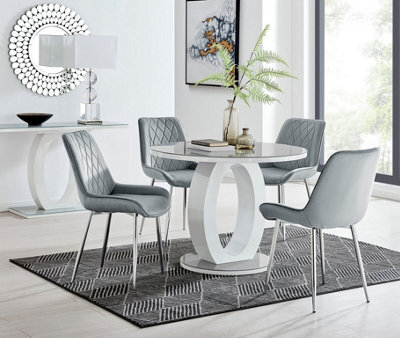 Furniturebox Giovani Round 4 Seat 100Cm White High Gloss Halo Base Grey Glass Top Dining Table 4 Grey Velvet Silver Leg Pesaro Chairs - image 1