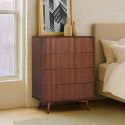Teamson Home Tremolo Chest Of Drawers 4 Fluted Push-Open Drawer Bedroom Dresser, Walnut