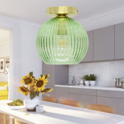 First Choice Lighting Betchley - Green Ribbed Glass Globe Satin Brass Ceiling Light Fitting - thumbnail 4