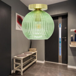 First Choice Lighting Betchley - Green Ribbed Glass Globe Satin Brass Ceiling Light Fitting - thumbnail 3