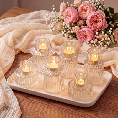 Living And Home Set Of 6 Ribbed Soda-Lime Glass Taper Candle Holders Three Styles Table Centerpiece Decor - image 1