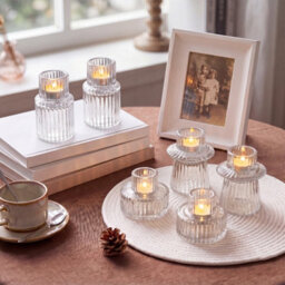 Living And Home Set Of 6 Ribbed Soda-Lime Glass Taper Candle Holders Three Styles Table Centerpiece Decor - thumbnail 3