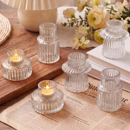 Living And Home Set Of 6 Ribbed Soda-Lime Glass Taper Candle Holders Three Styles Table Centerpiece Decor - thumbnail 2